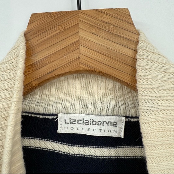 Liz Claiborne Women`s Navy & Ivory Striped Lambswool Mock Neck Sweater Tunic M - Picture 3 of 7
